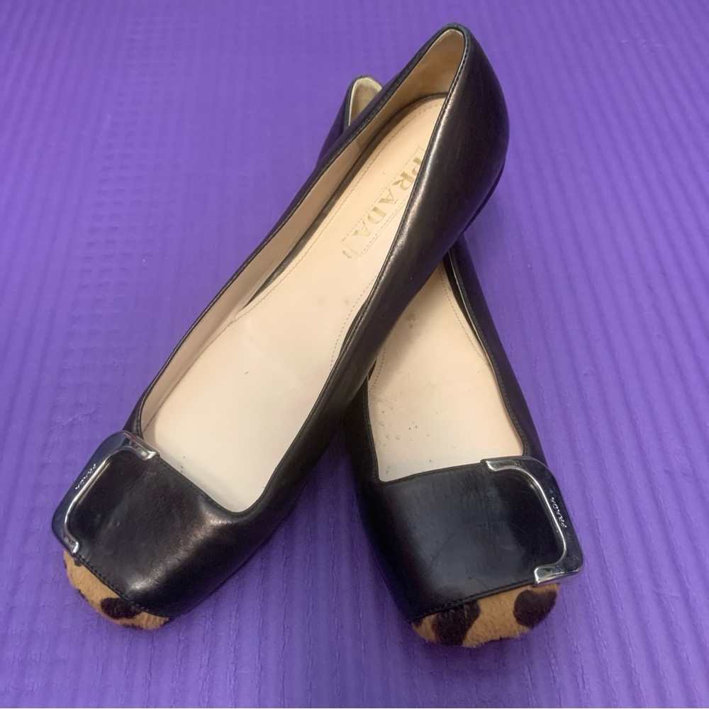 Prada black leather ballet  flats buckle leopard 37.5